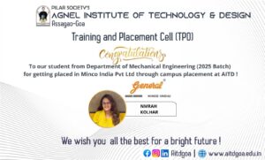 Mechanical Engineering (2025 Batch) placed in Minco India through campus placement @ AITD